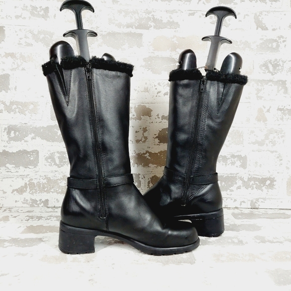 Boutique Black Leather Fur Trim Buckle Ankle Strap Block Heel Winter Boots D357 - Picture 2 of 13